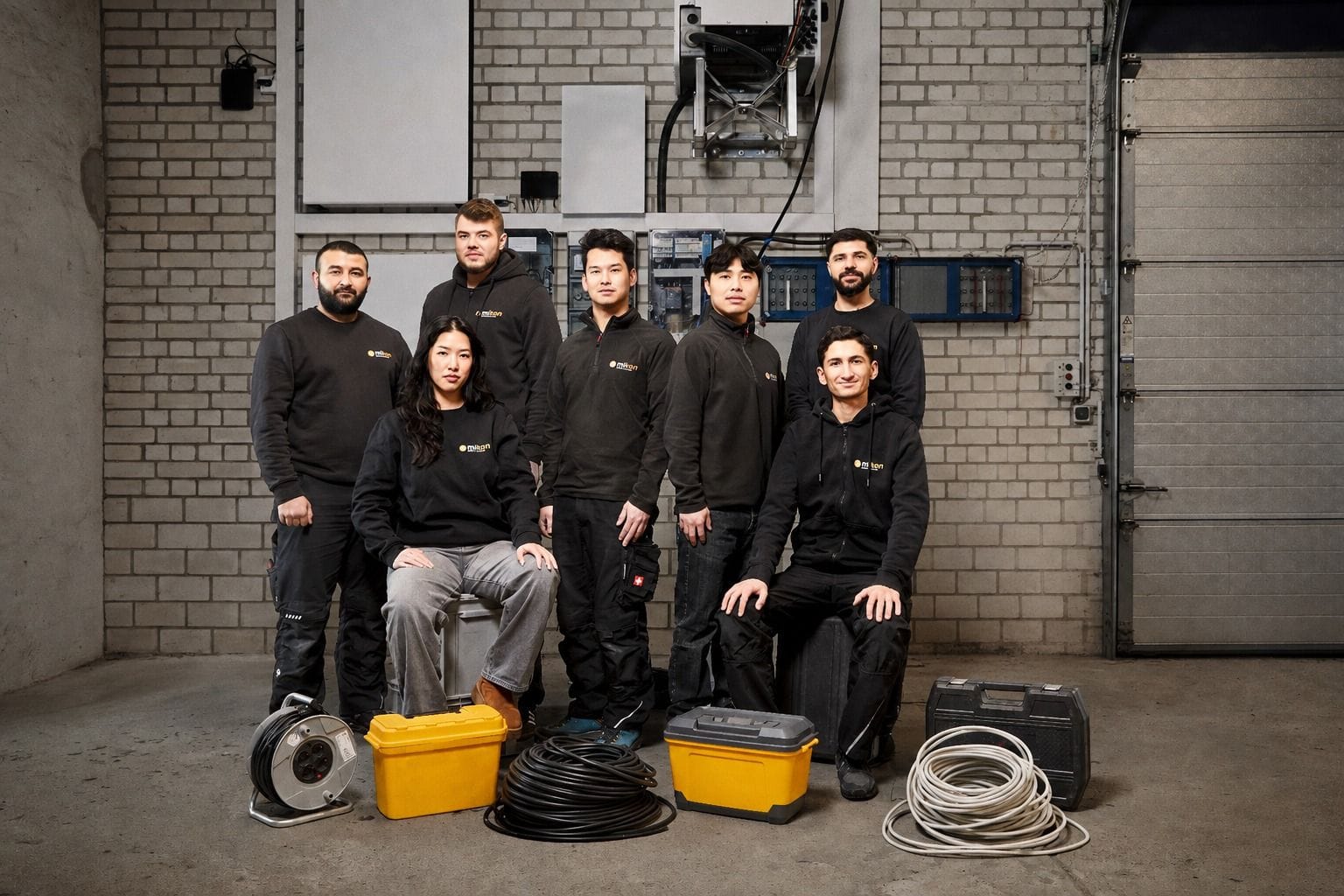 Das Team von Miton Elektro in der eigenen Werkstatt, davor Kabeltrommel, Werkzeugkoffer und Messgerätekisten.